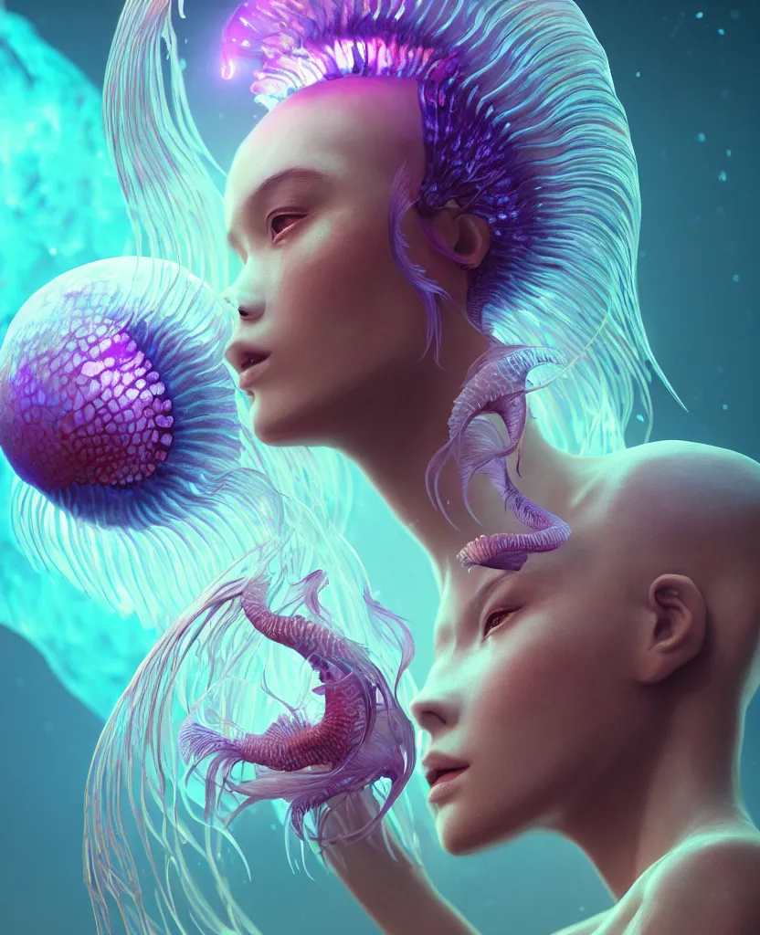 Image similar to goddess close-up portrait. chimera orchid jellyfish phoenix head, nautilus, skull, betta fish, bioluminiscent creatures, intricate artwork by Tooth Wu and wlop and beeple. octane render, trending on artstation, greg rutkowski very coherent symmetrical artwork. cinematic, hyper realism, high detail, octane render, 8k