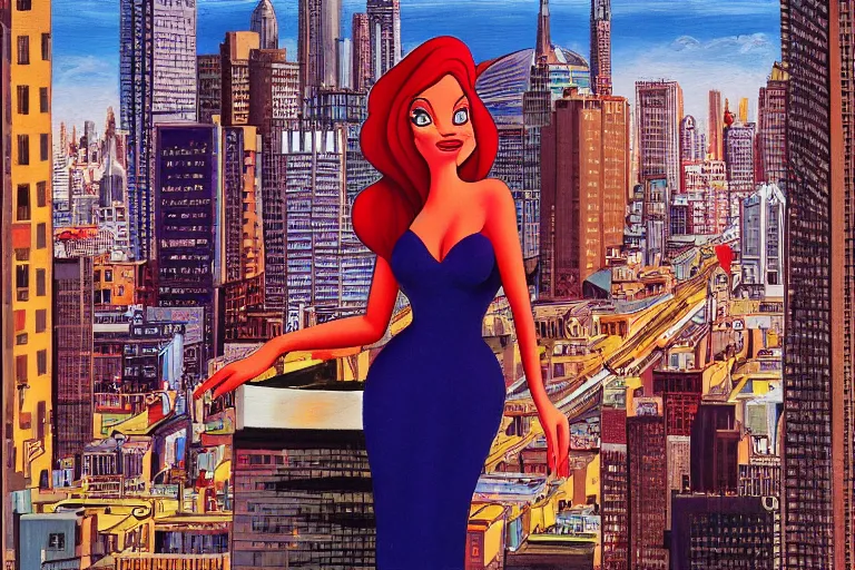 Image similar to Jessica Rabbit looking at the city. Cinematic. Intricately detailed acrylic painting