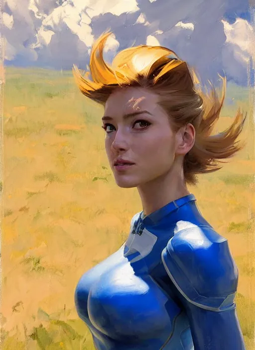 Image similar to Greg Manchess painting of Zero Suit Samus, countryside, calm, fantasy character portrait, dynamic pose, above view, sunny day, thunder clouds in the sky, artwork by Jeremy Lipkin and Giuseppe Dangelico Pino and Michael Garmash and Rob Rey, very coherent asymmetrical artwork, sharp edges, perfect face, simple form, wacky, 100mm