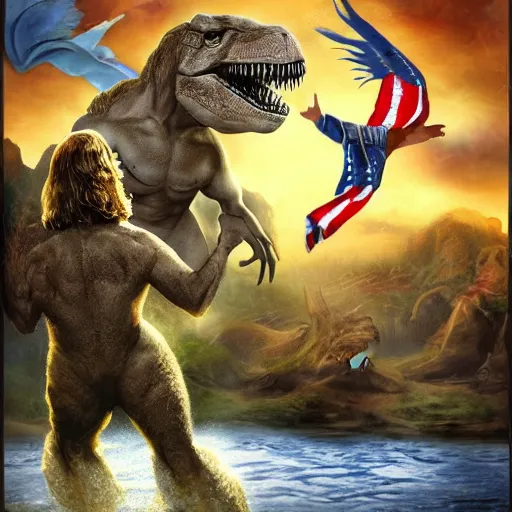 Image similar to Jesus and Donald Trump fighting off a T-Rex, 4k