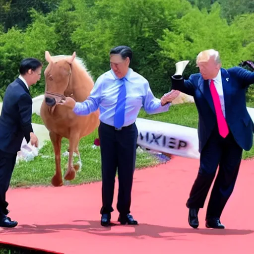 Image similar to Biden, Trump, Putin, Xi, as kids riding a hobby horse shooting each other with water pistols, cartoon!!!!,