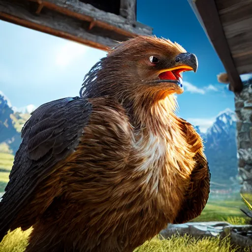 Image similar to griffin over a small hut highly detailed, photorealistic portrait, bright studio setting, studio lighting, crisp quality and light reflections, unreal engine 5 quality render