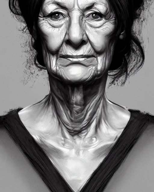 Prompt: portrait 6 0 - year - old woman, tall, severe - looking, with dark hair tied up in a bun, mcgonagall, wearing in black clothes, yper realistic face, beautiful eyes, character art, art by mark brooks, hyperdetailed, cryengine, trending on artstation, digital art