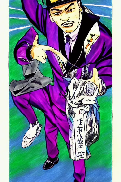 Image similar to Martin Luther King as Jotaro Kujo JoJo from JoJo\'s Bizarre Adventure, anime drawing by Hirohiko Araki, vivid colors, colorful fashion