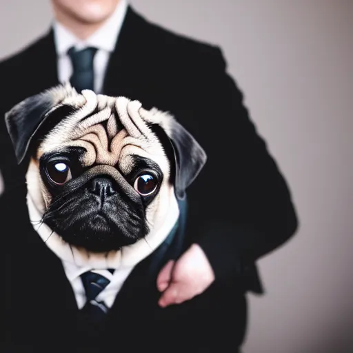 Image similar to pug in a suit, studio photography, canon r 6, cinematic light