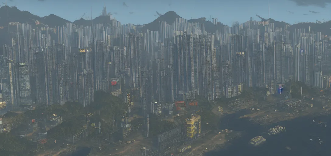 Image similar to Photo of Hong Kong Skyline in Fallout 4 Style, 8K, high quality, very detailed