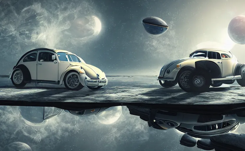 Image similar to a spaceship version of the vw beetle floating in the space, masterpiece, hyperrealistic, futuristic, symmetrical, octane render, unreal engine 5, path traced, highly detailed, high quality, 8 k, cinematic, high coherence, soft lighting, spacecraft, bloom