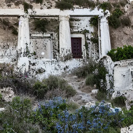 Image similar to overgrown abandoned ruins of santorini, national geographic