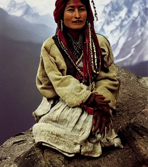 Image similar to vintage_portrait_photo_of_a_stunningly beautiful_nepalese_maiden in the himalayan mountains by Annie Leibovitz