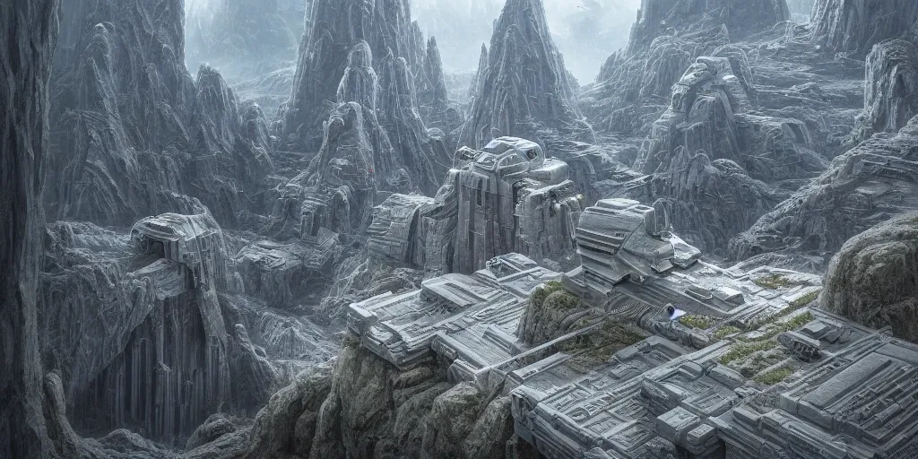 Image similar to ultra detailed, futuristic megalopolis carved into mountain wall, star wars, mandalorean, sci-fi, fantasy, dystopian, intricate details, monumental, photorealistic, surreal, artstation, concept art, smooth, sharp focus, atmospheric, hyperdetailed, Unreal Engine 5, cinema 4D, zbrush, octane render, Photorealism, 8k, cinematic, art by h.r. giger and artgerm and greg rutkowski and alphonse mucha and loish and WLOP