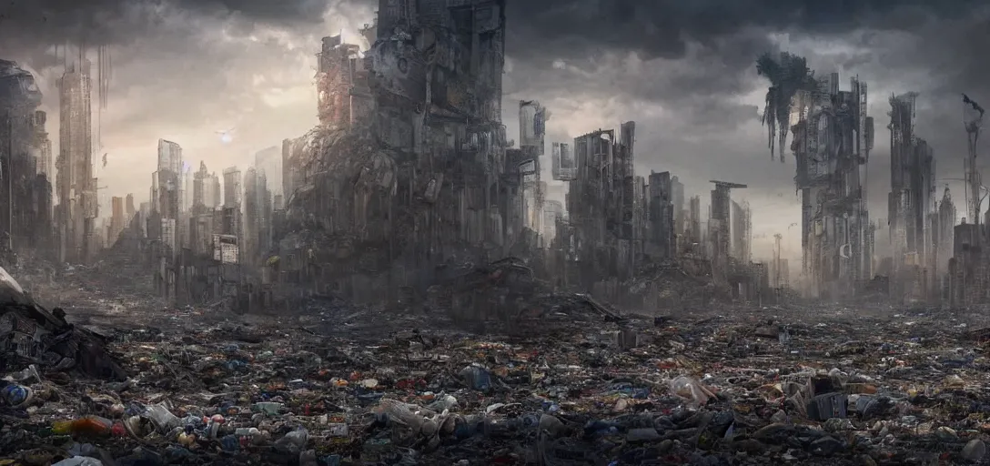 Prompt: Abandoned Mega City filled with trash, dystopia, dystopian future, matte painting, digital art, award-winning art, dramatic, sad, trending on artstation, emotional, 8k