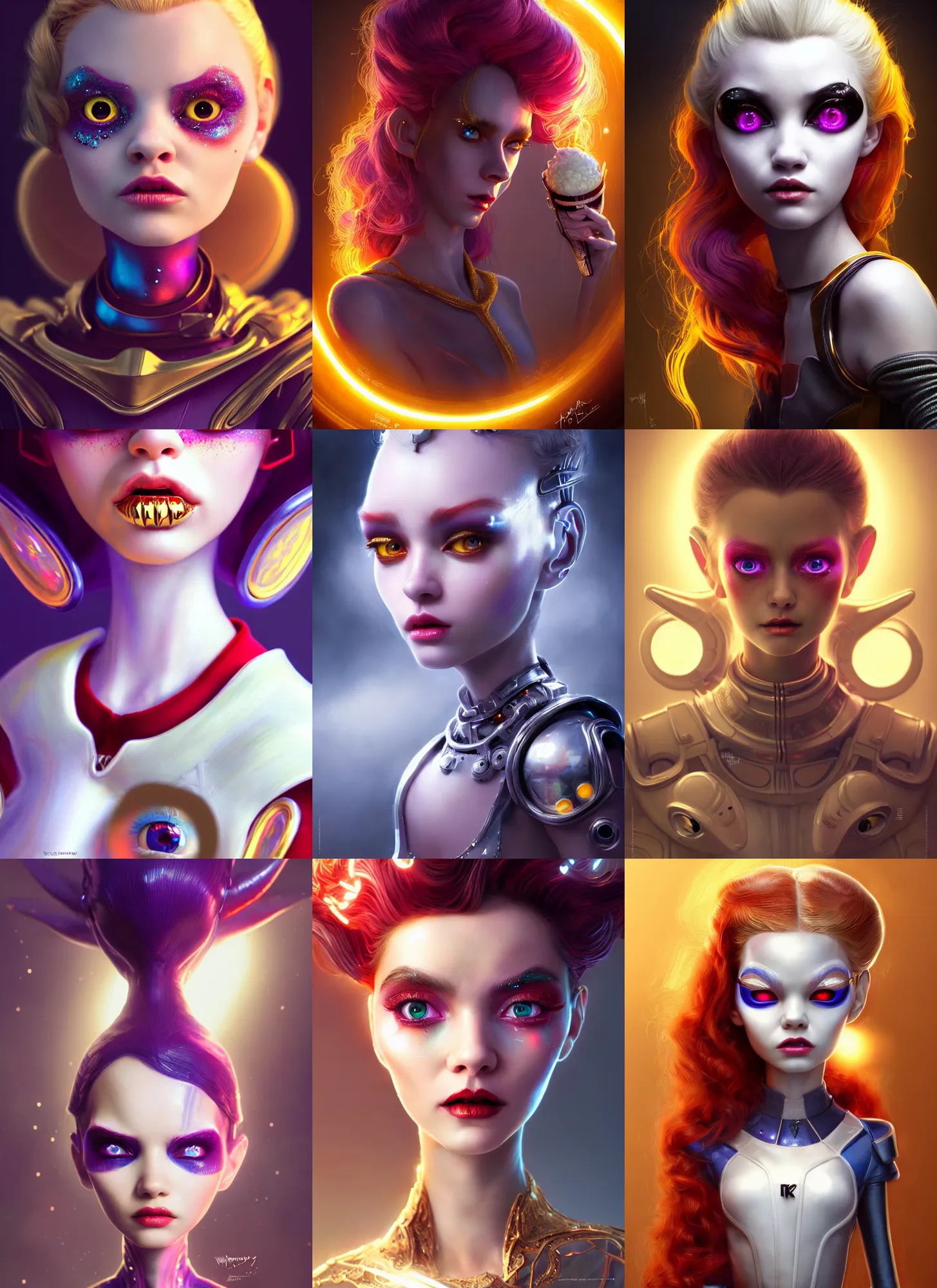 Prompt: pixar portrait 8 k photo, beautiful shiny white porcelain rich galactic devil clowncore russian cyborg college girl, golden ratio details, sci - fi, fantasy, cyberpunk, intricate, decadent, highly detailed, digital painting, ever after high, octane render, artstation, concept art, smooth, sharp focus, illustration, art by artgerm, loish, wlop