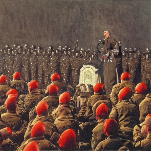 Image similar to A photo of elmo giving the troops a speech after long years of war, suffering, dark, historical moment, emotional, impressive, by Vasily Vereshchagin