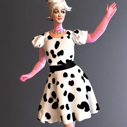 Prompt: A Marvelous Designer render of a cow costume with Holstein print fabric. Ruched bodice, puff sleeves, skater skirt. White fur boots with hooves. Large cow bell necklace.