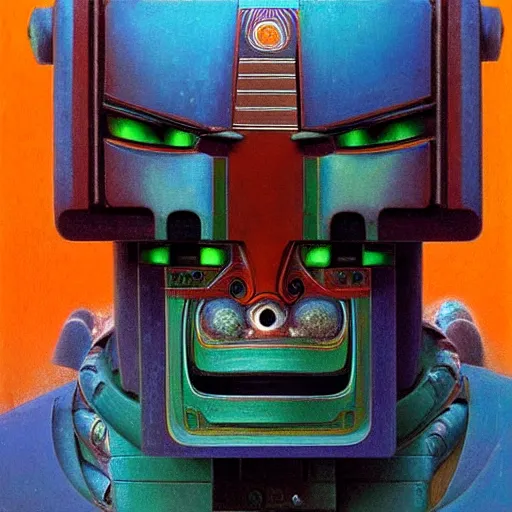 Image similar to portrait of a colourful tribal mecha robot, symmetrical, painting by zdzislaw beksinski,