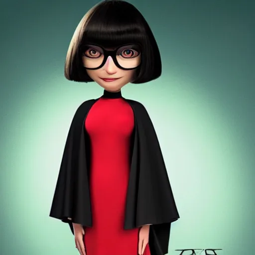 Image similar to Edna Mode wearing a cape and looking unhappy about it