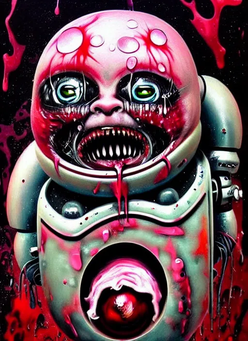 Image similar to a dramatic emotional hyperrealistic pop surrealist oil panting of a sad sobbing grotesque kawaii mecha musume figurine caricature screaming with a scrunched up red face uglycrying wrinkly featured in dead space by h r giger made of dripping paint splatters in the style of akira, 🤬 🤮 💕 🎀