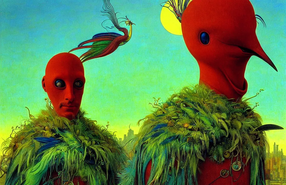 Image similar to realistic detailed portrait movie shot of a birdman wearing green robes, futuristic city sunset landscape background by denis villeneuve, yves tanguy, alphonse mucha, ernst haeckel, max ernst, roger dean, masterpiece, rich moody colours, feathers, ethereal, occult, blue eyes