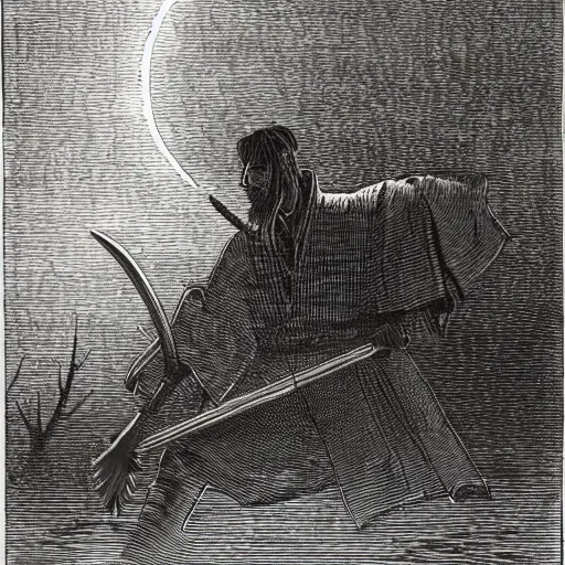 Prompt: silhouette, samurai wielding a sword, moon, forest, night, chiaoscuro, illustration by Gustave Doré