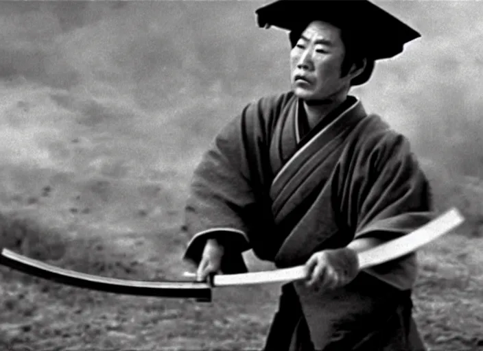 Image similar to a movie still of a samurai slicing through a loaf of bread, a movie by Akira Kurosawa