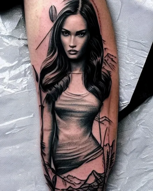 Image similar to creative double exposure effect tattoo design sketch of megan fox with beautiful mountains, realism tattoo, in the style of matteo pasqualin, amazing detail, sharp