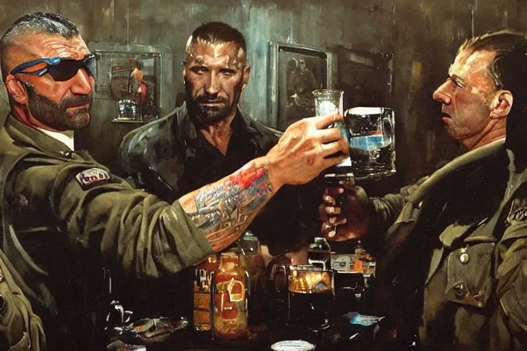 Image similar to dave bautista as replicant sapper morton is offered a drink at a party by dorian yates, painted by phil hale and rick berry and dean cornwell and norman rockwell and jeremy mann