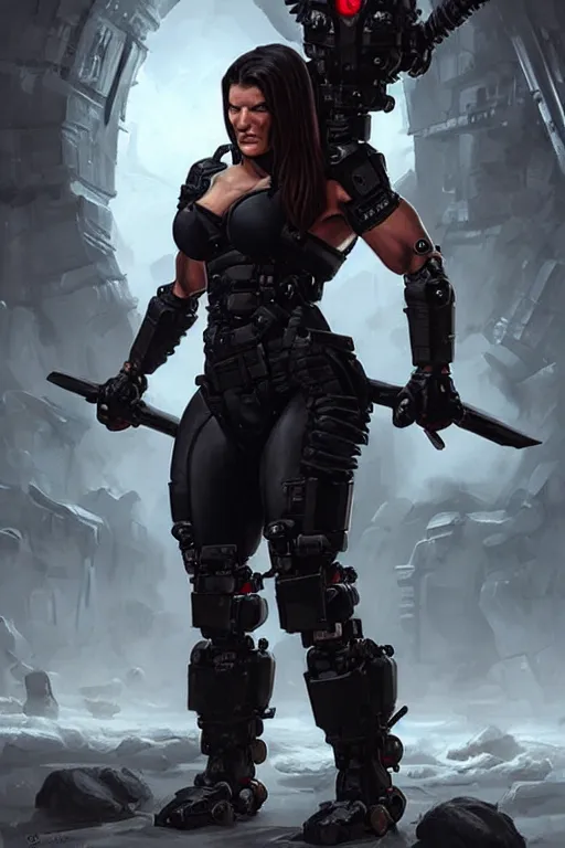 Prompt: gina carano as an ork with robotic left arm, casual black clothing, muscular, realistic proportions, casual pose, large portrait, sci - fi, shadowrun, rpg character, digital painting, artstation, concept art, smooth, 8 k frostbite 3 engine, ultra detailed, art by artgerm and greg rutkowski and magali villeneuve