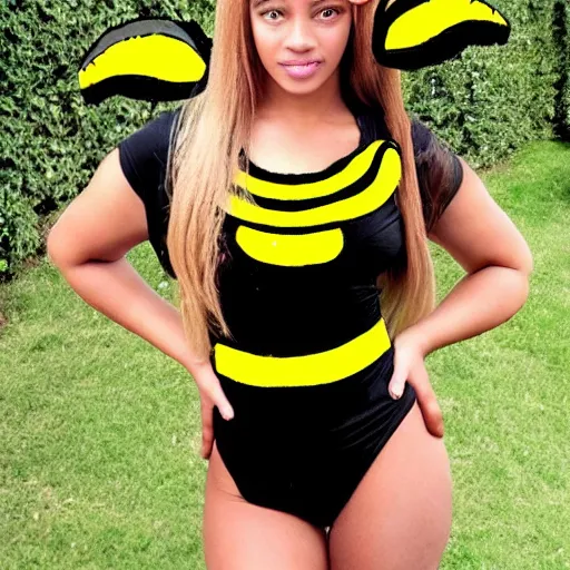 Prompt: bee with human face resembling beyonce bee costume