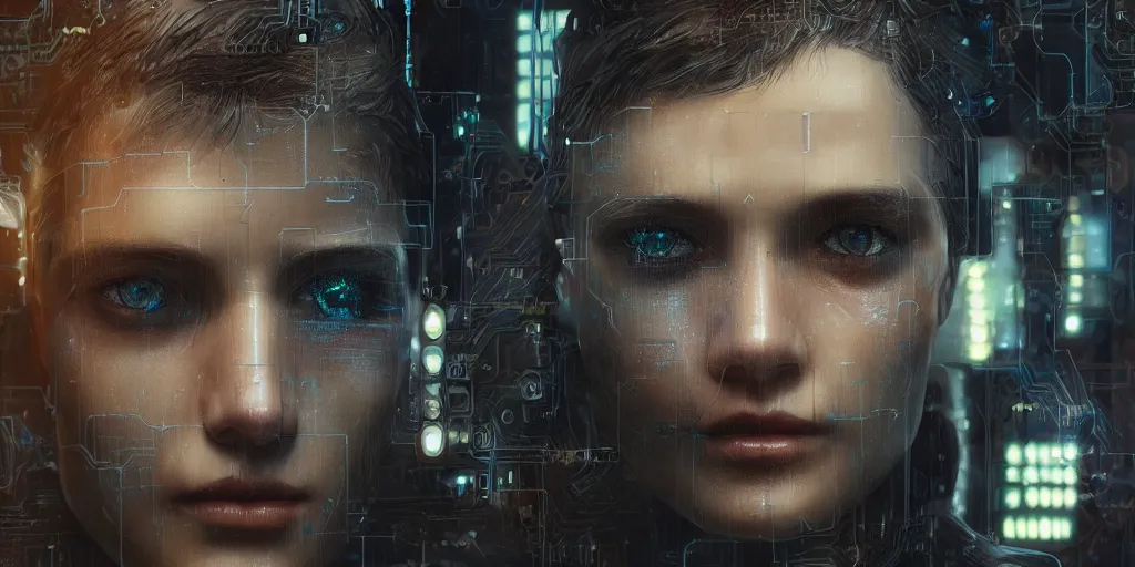 Image similar to a face covered in computer circuits, scifi, bladerunner, cyberpunk, very detailed eyes, 8 k resolution, by wlop, greg rutkowski