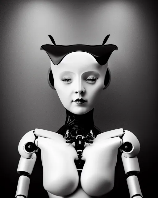 Image similar to surreal mythical dreamy dark artistic black and white fine art 3 / 4 fashion portrait photo of a young beautiful delicate female robot - owl with orchid - doll face, rim light, cinematic, studio dramatic light, poetic, masterpiece, octane render, 8 k, photo - realistic by gustave dore hg giger and man ray