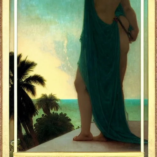 Image similar to Silhouette of a girl at the palace, thunderstorm, greek pool, beach and palm trees on the background major arcana sky, by paul delaroche, alphonse mucha and arnold böcklin arnold böcklin hyperrealistic 8k, very detailed