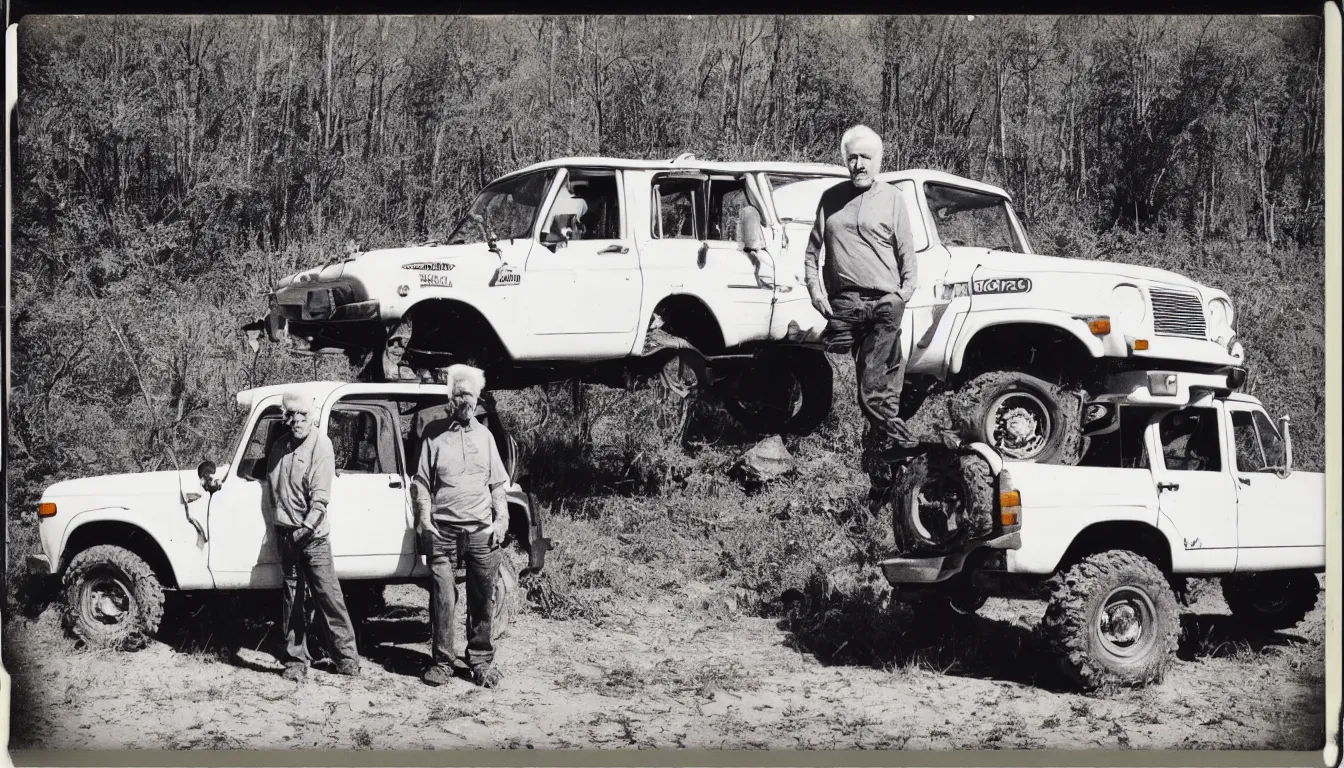 Image similar to old, scratched polaroid picture of old white haired man posing near his extremely lifted offroad suv very detailed, 8 k