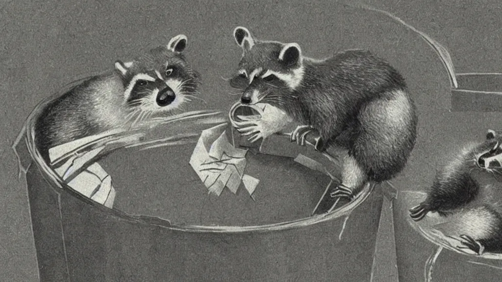 Image similar to A vintage scientific illustration from the 1970s of a raccoons digging through a trash can René Magritte