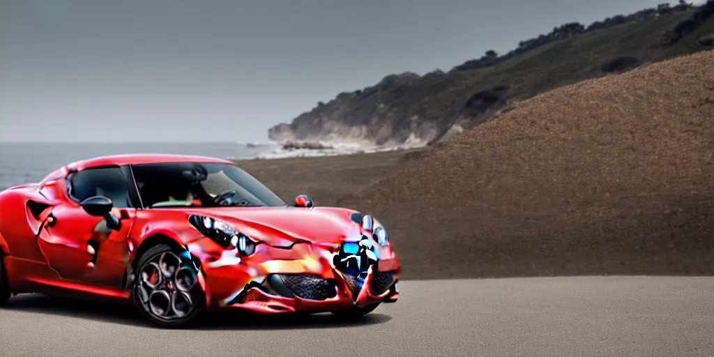 Image similar to photograph, 2015 Alfa Romeo 4C, cinematic, PCH, california coast, 8k, depth of field, bokeh.