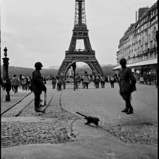 Image similar to Paris in ruins after war, Eiffel Tower destroyed, soldiers walking down the street, 35mm