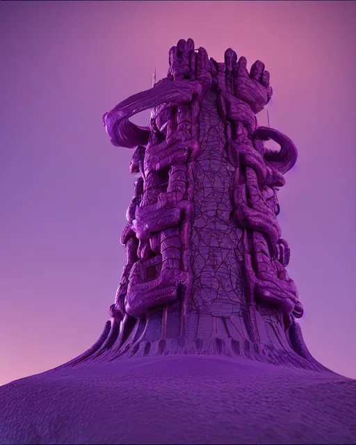 Prompt: detailed painting giant alien tower carved out of complex bone with royal purple quartz rendered in cinema 4 d octane