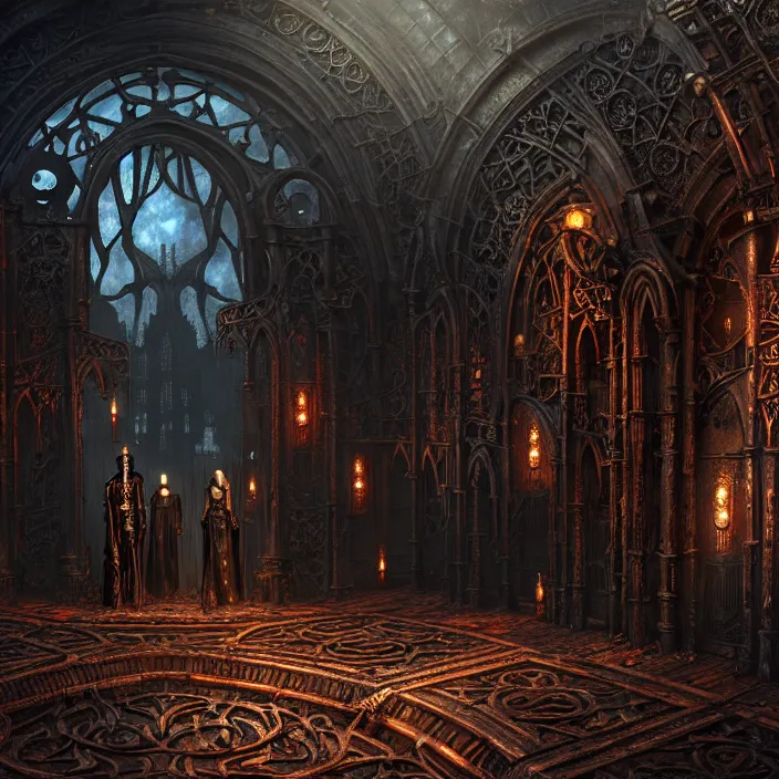 Image similar to steam necropolis, memento mori, gothic, neo - gothic, art nouveau, hyperdetailed copper patina medieval icon, stefan morrell, philippe druillet, ralph mcquarrie, concept art, steampunk, unreal engine, detailed intricate environment, octane render, moody atmospherics, volumetric lighting, ultrasharp, ominous, otherworldly