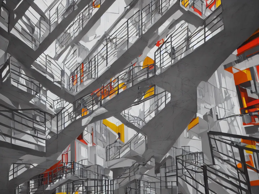 Image similar to colorful minimalist industrial interior Escher staircases with monolithic pillars in the style of ridley scott and stanley kubrick, impossible stijl architecture, ultra wide angle view, realistic detailed painting by edward hopper