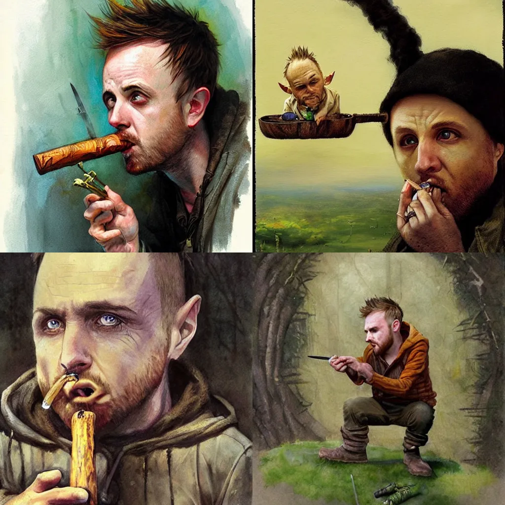 Prompt: Jesse Pinkman dressed as a Hobbit smoking a wood pipe by Esao Andrews