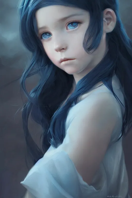 Image similar to beautiful portrait of little girl, black hair, blue eyes by charlie bowater, ross tran, artgerm, and makoto shinkai, detailed, soft lighting, rendered in octane