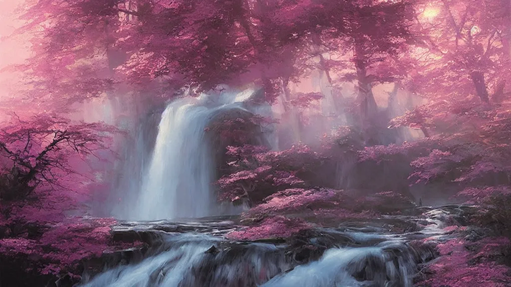 Image similar to the most beautiful abstract painting, where a giant dreamy waterfall creates a river, the trees around are starting to bloom in pink color, a ray light of the sunset is brightening the subject, by greg rutkowski