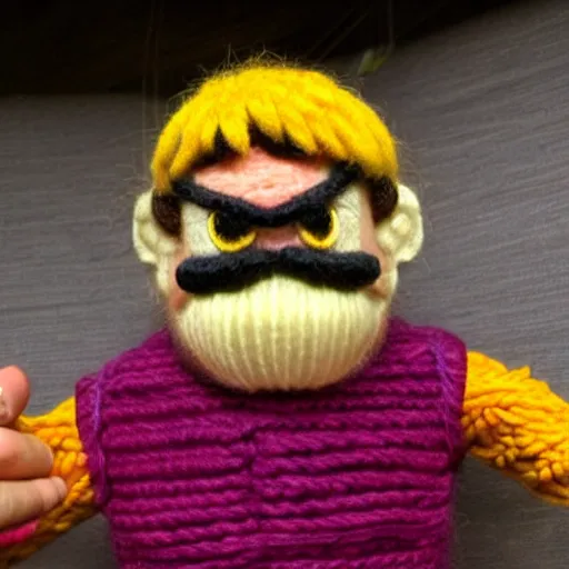 Image similar to a doll of wario made out of yarn