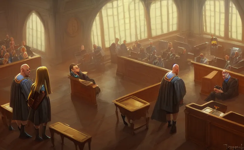 Prompt: the courtroom, close up a bald man in a skirt, no blur, 4 k resolution, ultra detailed, style of marc simonetti, tyler edlin, deviantart