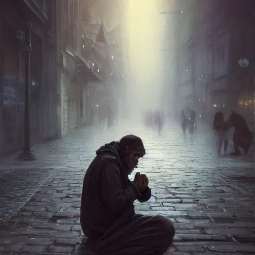 Image similar to an homeless man praying on the streets, dark, sad, digital painting, artstation, concept art, soft light, hdri, smooth, sharp focus, illustration, fantasy, intricate, elegant, highly detailed, D&D, matte painting, in the style of Greg Rutkowski and Alphonse Mucha and artemisia, 8k,