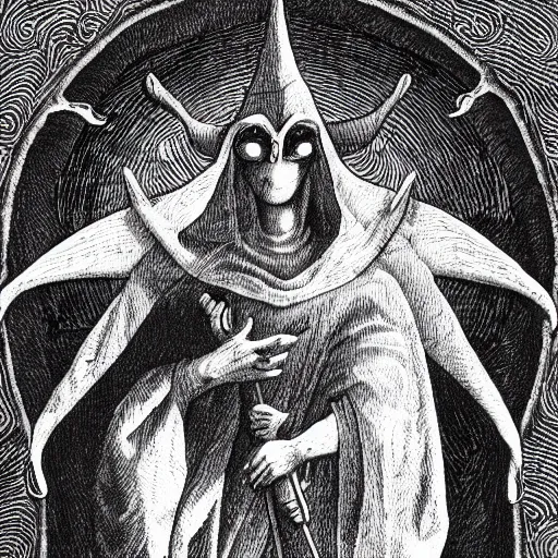 Prompt: baphomet wearing a dark hooded cloak, highly detailed