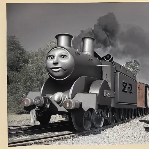 Image similar to WW2 era photograph of a Schwere-Gustav train artillery from WW2 with with Thomas the Tank Engine face