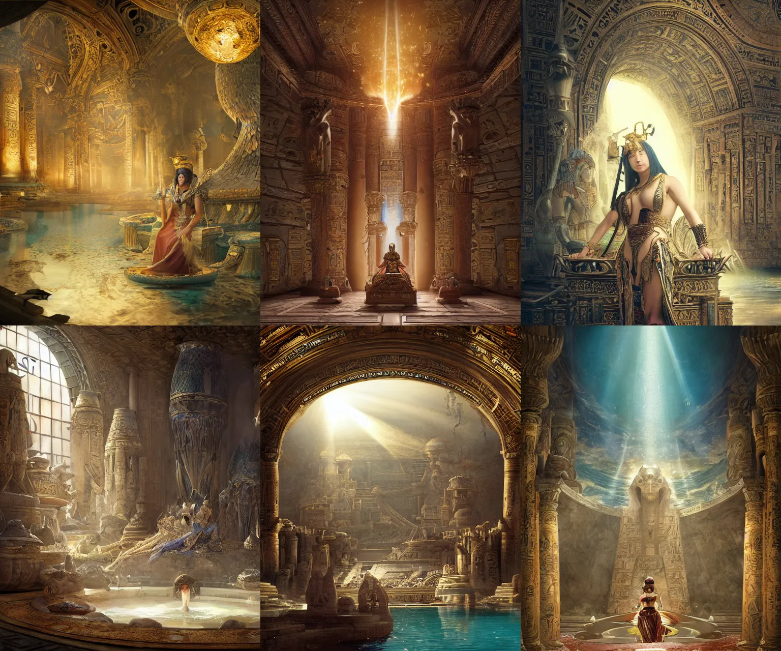 Prompt: fantasy movie scene noriyoshi ohrai and canaletto and mucha detailed digital art of ornate and royal egyptian antechamber tomb, cleopatra in a circular pool with an erupting galaxy, epic atmosphere, sharp sunray lighting, cinematic lighting, fine details, 4 k, unreal engine, hyperrealism, cinematic composition, blender render, realistic, detailed textures, very wide shot