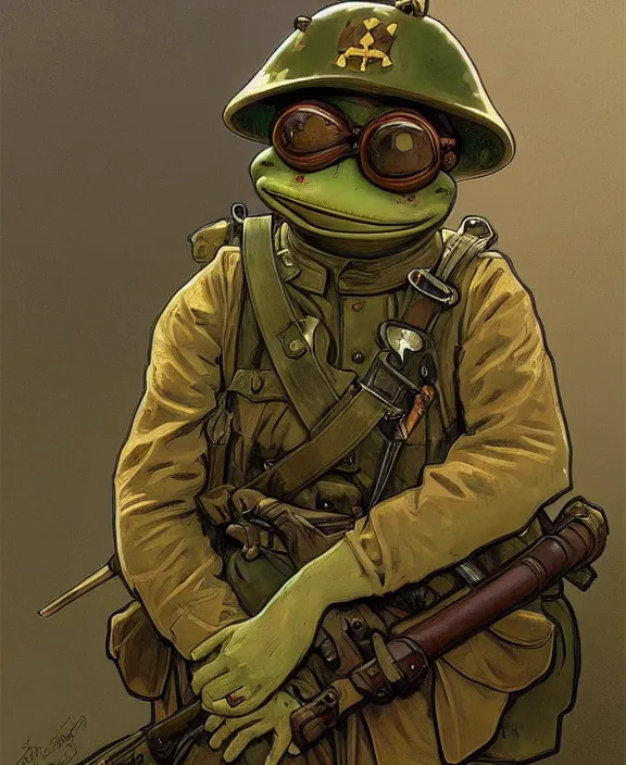 Image similar to Pepe the Frog in WW1 military uniform, Schutztruppe, German Empire, WW1, Tooth Wu Artgerm Greg Rutkowski Alphonse Mucha Beeple artstation deviantart, 8k, fanart, extreme aesthetic