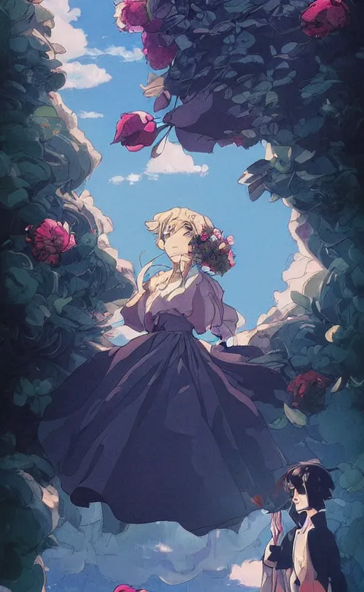 Prompt: bestselling movie poster, official media,a cinematic beautiful closeup moment of saying goodbye. peonies howls moving castle, simple form, brutal shapes, shaman, pixiv, 1970s fashion, official anime media, cinematic lighting, artwork by doja cat, charlie bowater, Joaquin Sorolla, john william, waterhouse, ,greg rutkowski, wong kar wai