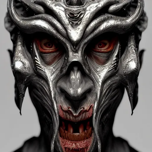 Image similar to Very very very very highly detailed epic photo of demonic face with venetian mask, intricate, dystopian, sci-fi, extremely detailed, digital painting, artstation, concept art, smooth, sharp focus, illustration, intimidating lighting, incredible art by Anton Pieck, Octane render in Maya and Houdini VFX